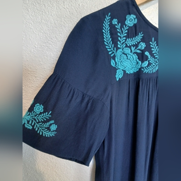 LOFT Navy Blue & Teal Embroidered Floral Drop Waist Dress Size Small - Picture 5 of 8